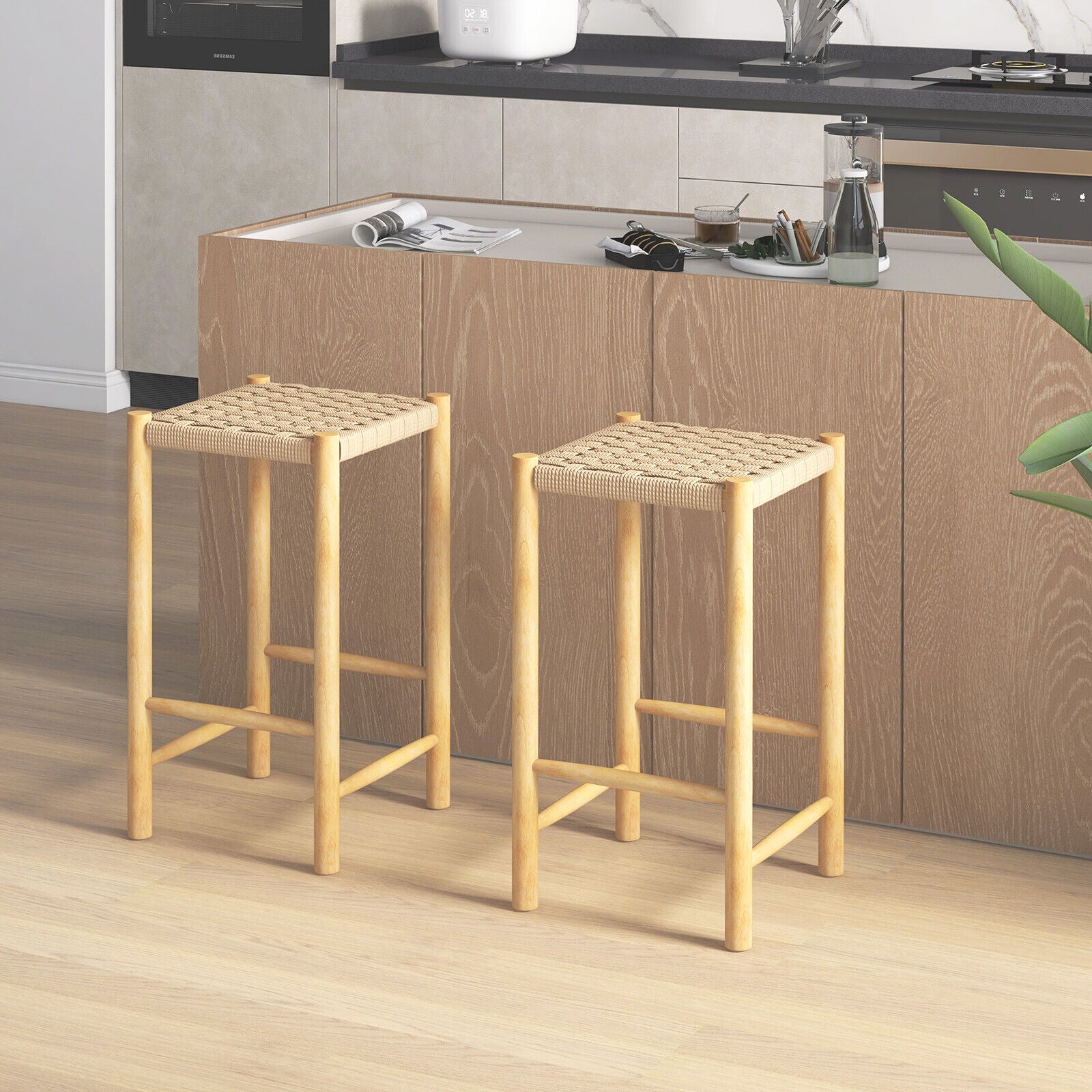 Quincy 26” Natural Wood Woven Paper-Rope Counter Height Stools-Set of 2