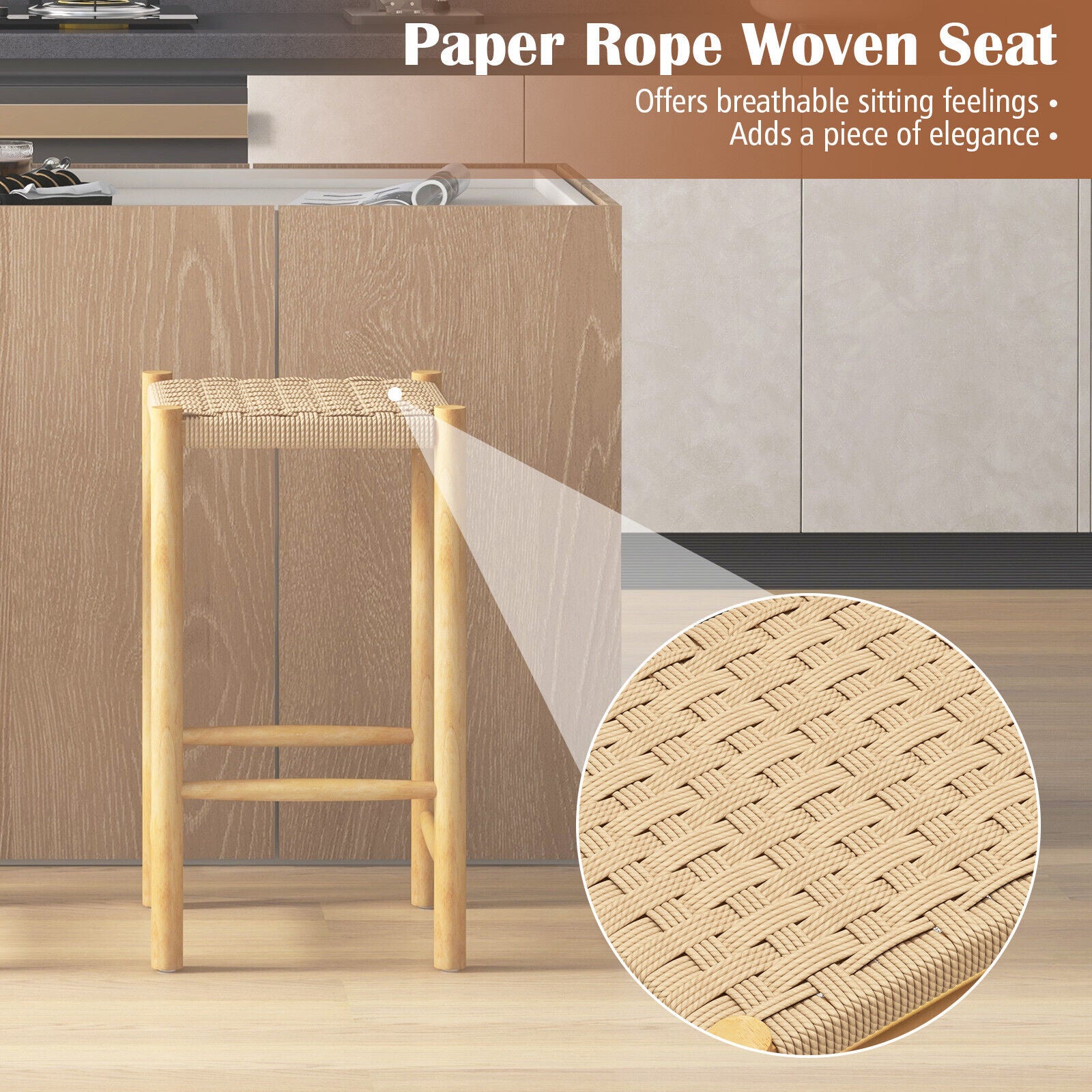Quincy 26” Natural Wood Woven Paper-Rope Counter Height Stools-Set of 2