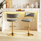 Arya Swivel Bar Stools – Set of 2 | Dutch Velvet, Adjustable Height & Gold Base–Grey