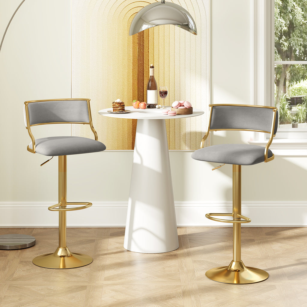 Arya Swivel Bar Stools – Set of 2 | Dutch Velvet, Adjustable Height & Gold Base–Grey