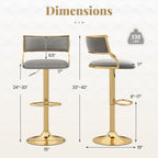 Arya Swivel Bar Stools – Set of 2 | Dutch Velvet, Adjustable Height & Gold Base–Grey