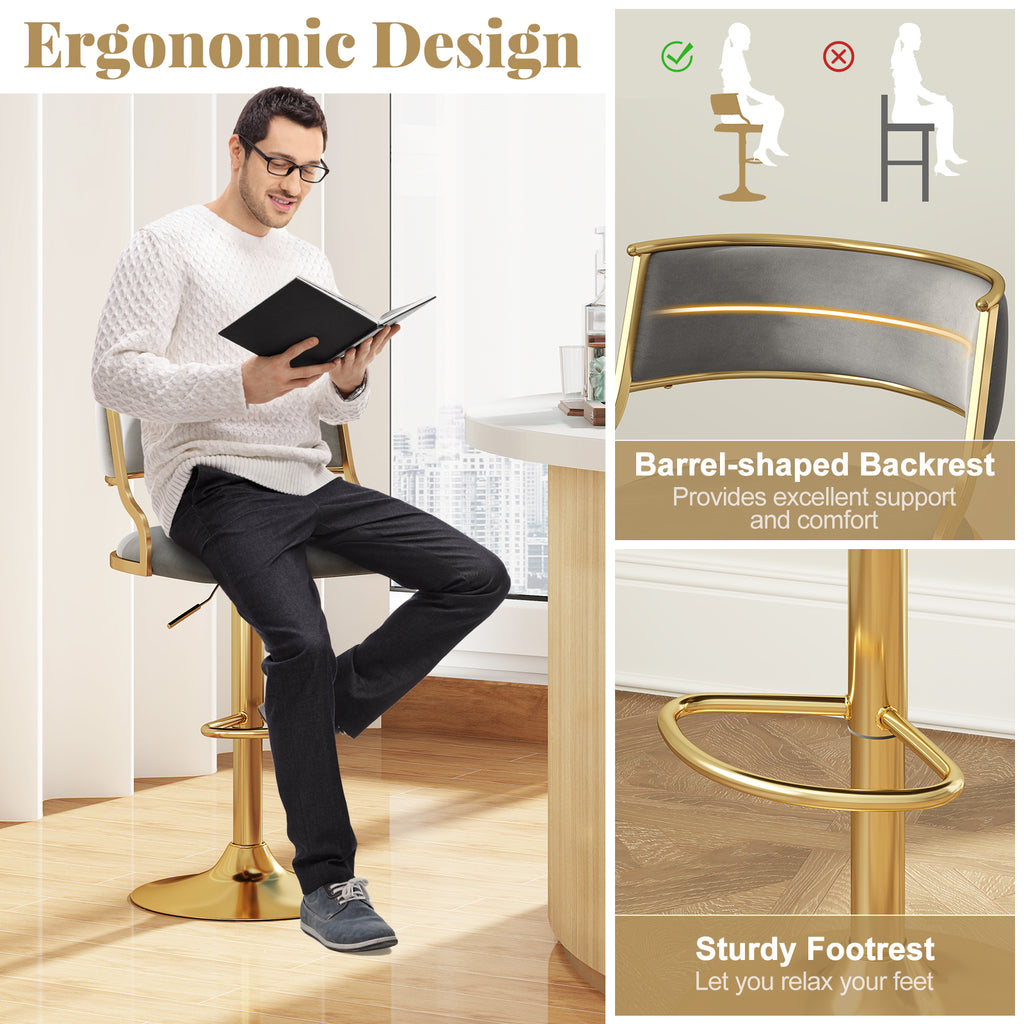 Arya Swivel Bar Stools – Set of 2 | Dutch Velvet, Adjustable Height & Gold Base–Grey