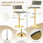 Arya Swivel Bar Stools – Set of 2 | Dutch Velvet, Adjustable Height & Gold Base–Grey