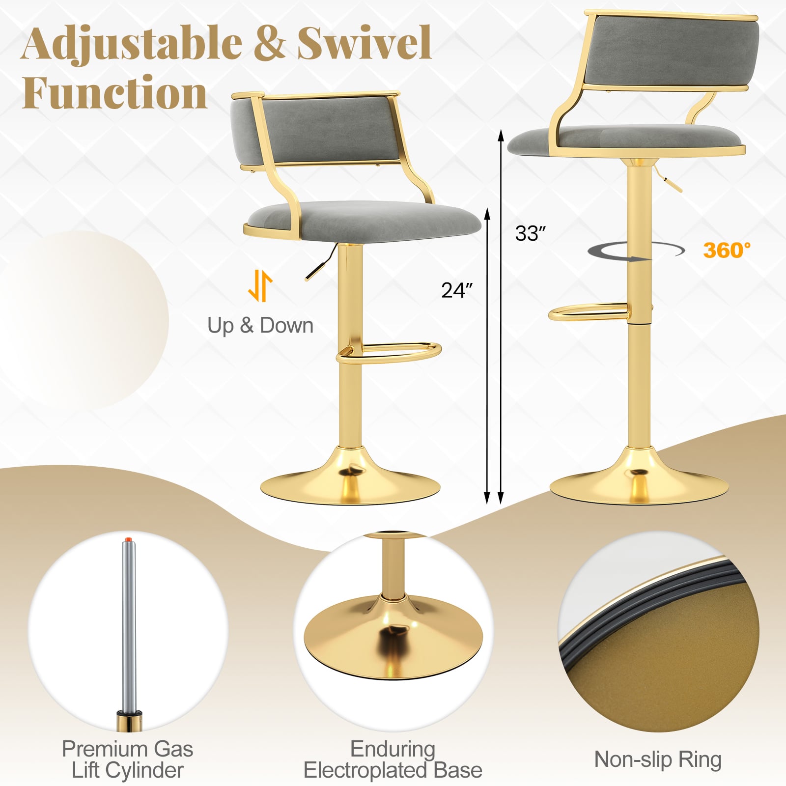 Arya Swivel Bar Stools – Set of 2 | Dutch Velvet, Adjustable Height & Gold Base–Grey