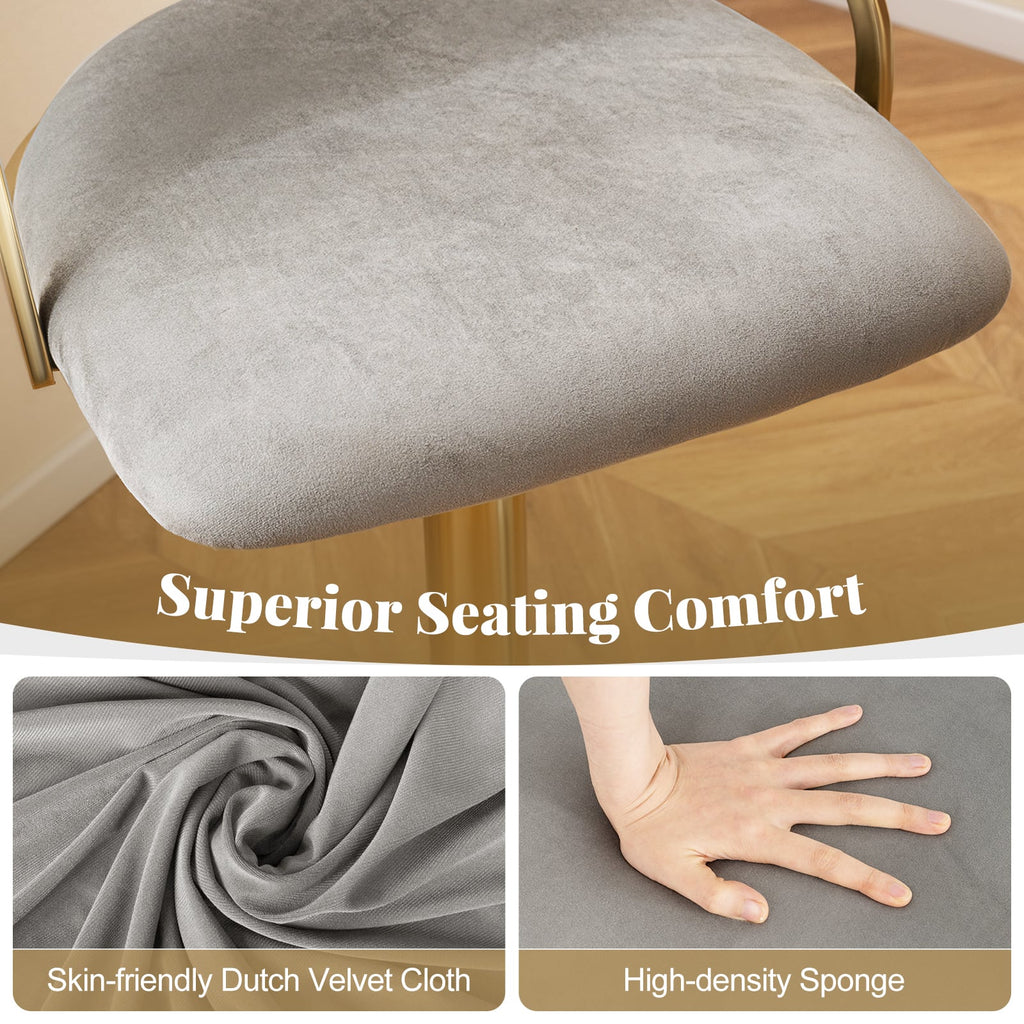 Arya Swivel Bar Stools – Set of 2 | Dutch Velvet, Adjustable Height & Gold Base–Grey