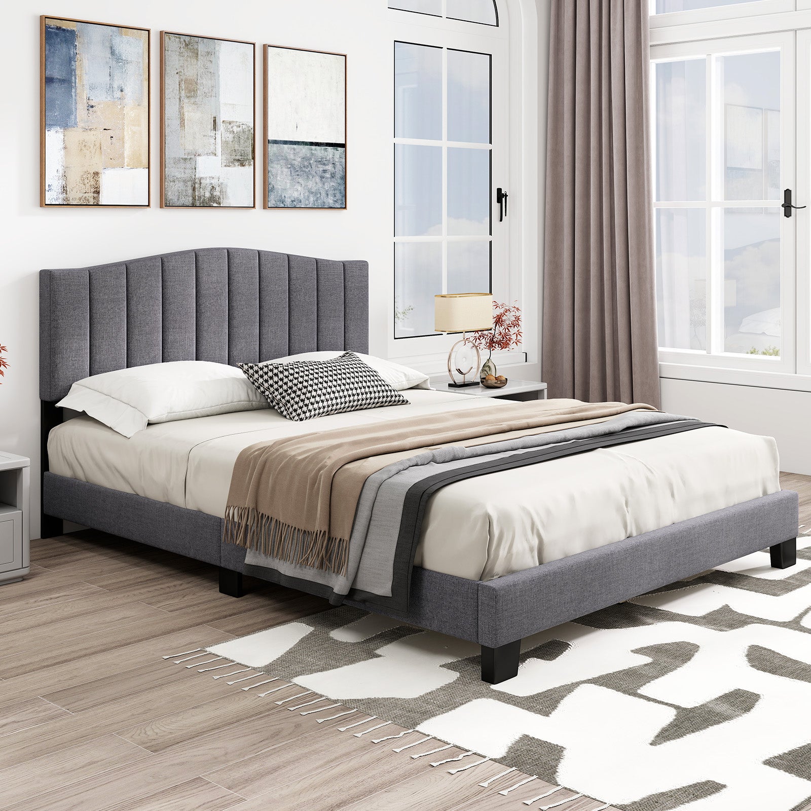 Armani Queen Upholstered Bed Frame with Adjustable Vertical Channel Tufted Headboard–Modern Platform Bed-Gray