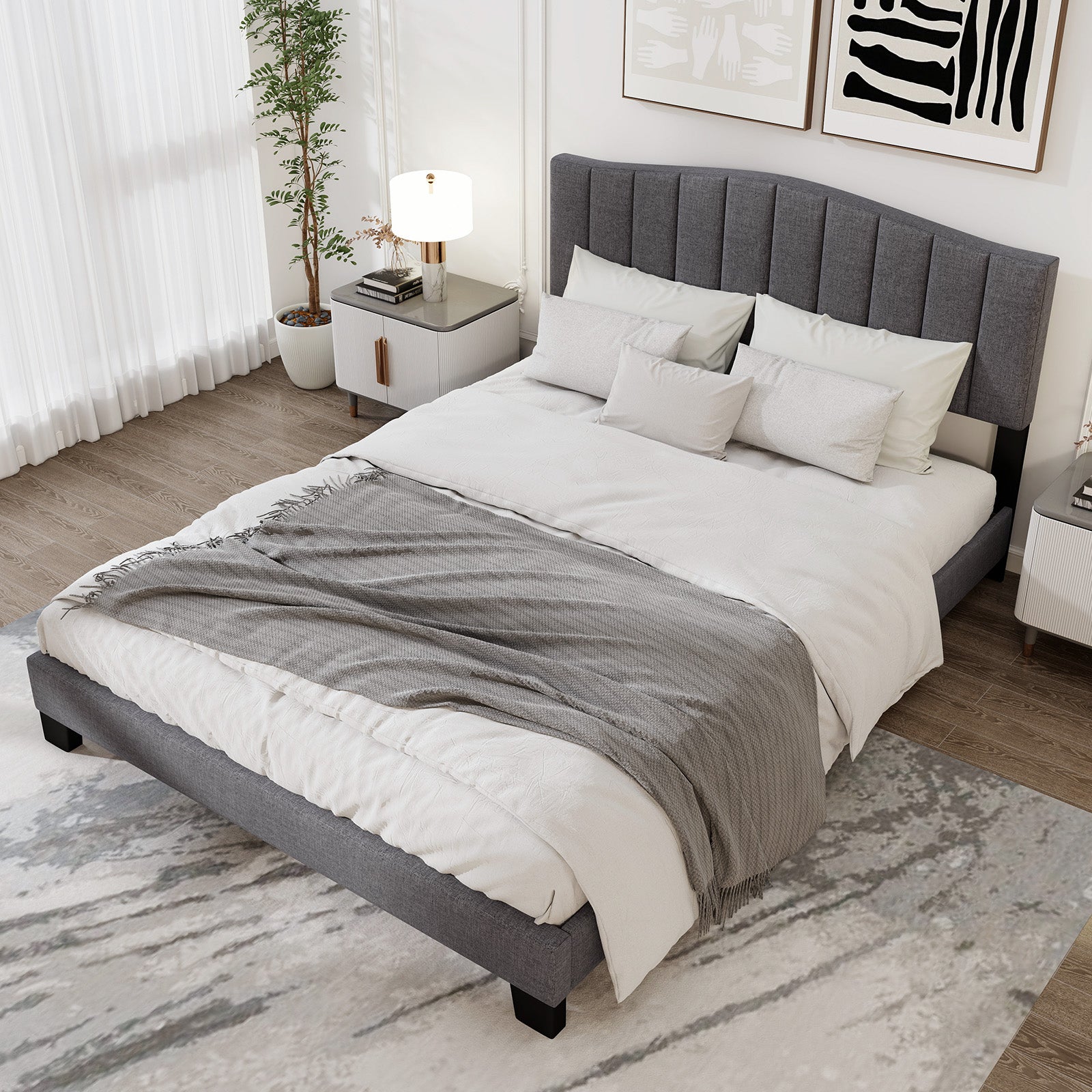 Armani Queen Upholstered Bed Frame with Adjustable Vertical Channel Tufted Headboard–Modern Platform Bed-Gray