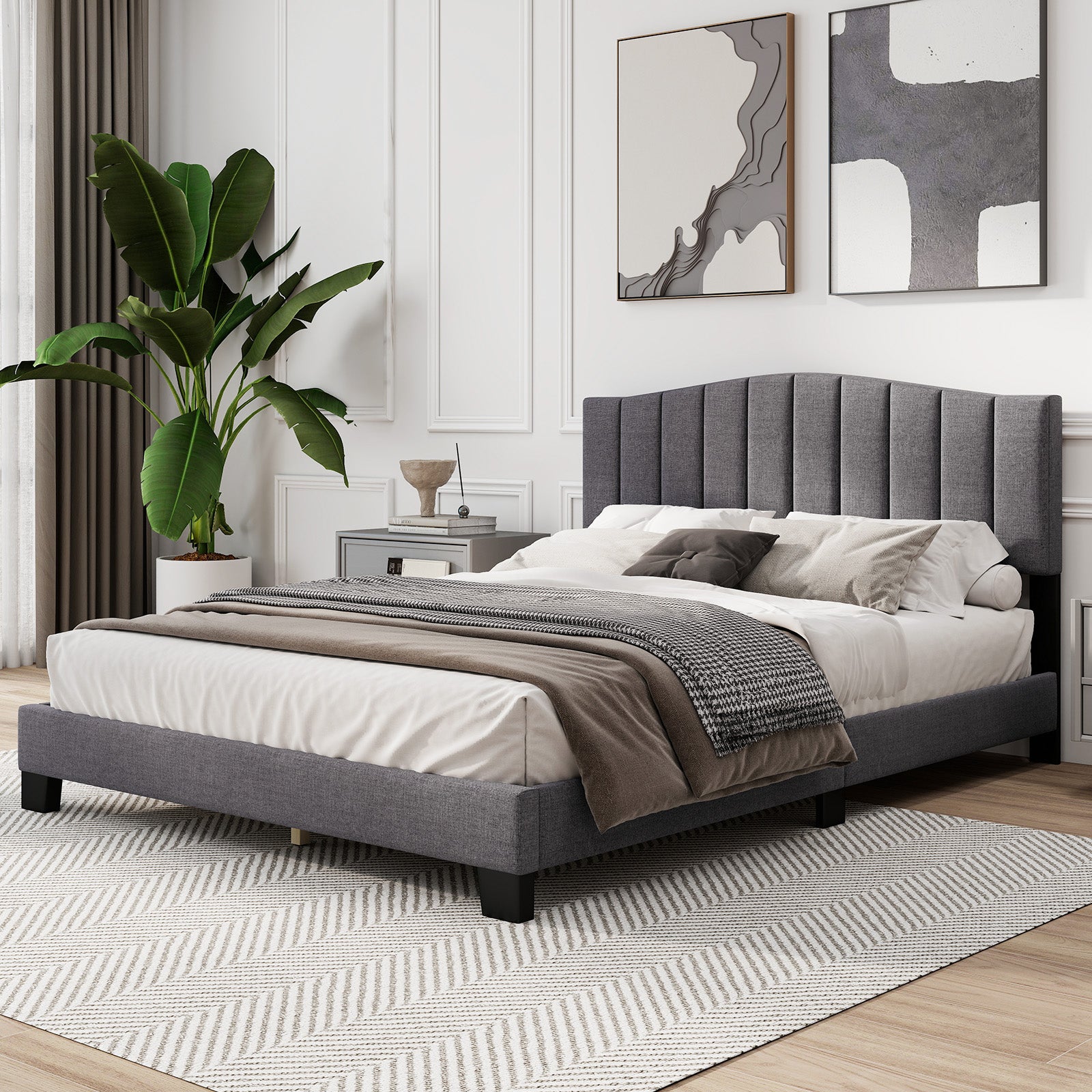 Armani Queen Upholstered Bed Frame with Adjustable Vertical Channel Tufted Headboard–Modern Platform Bed-Gray