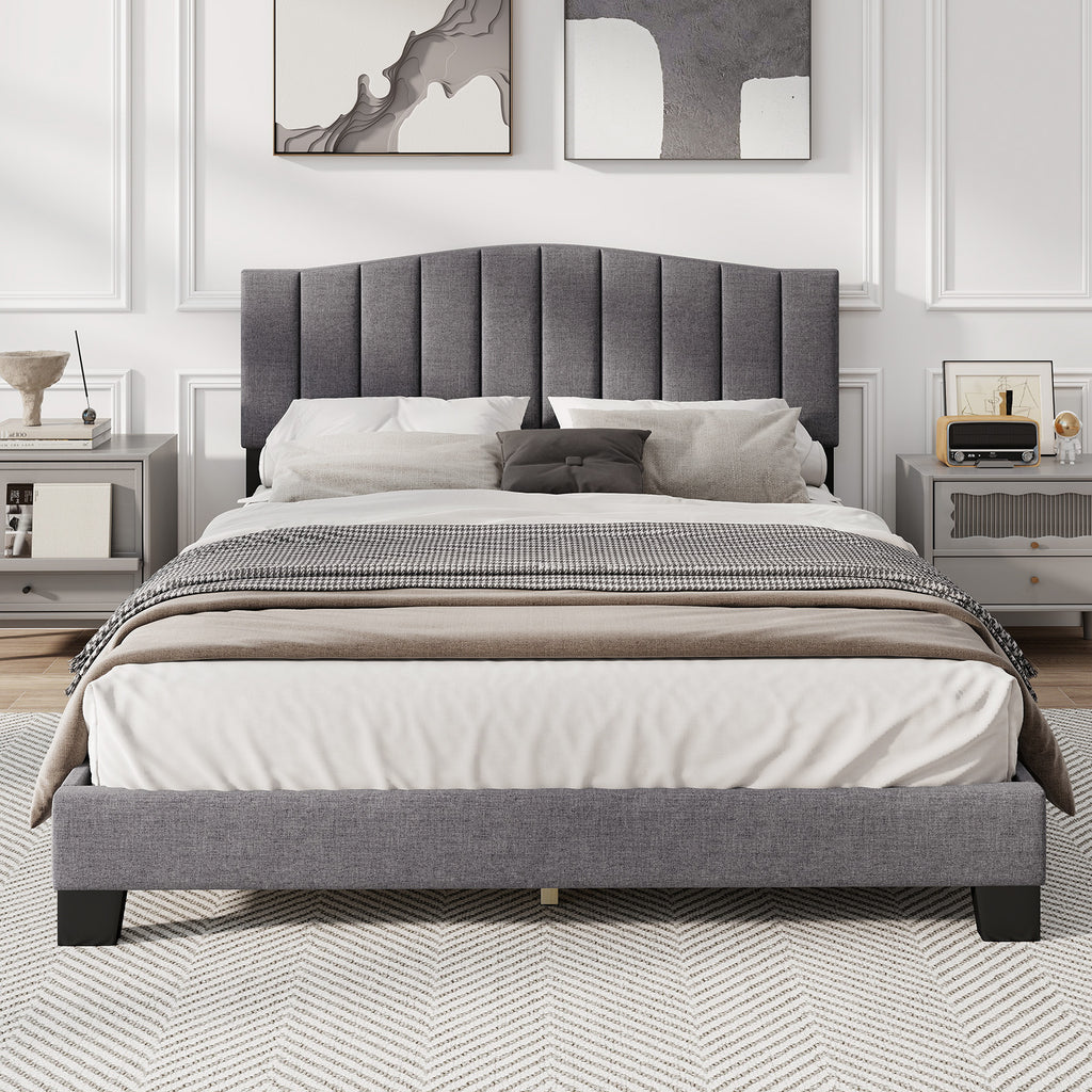 Armani Queen Upholstered Bed Frame with Adjustable Vertical Channel Tufted Headboard–Modern Platform Bed-Gray