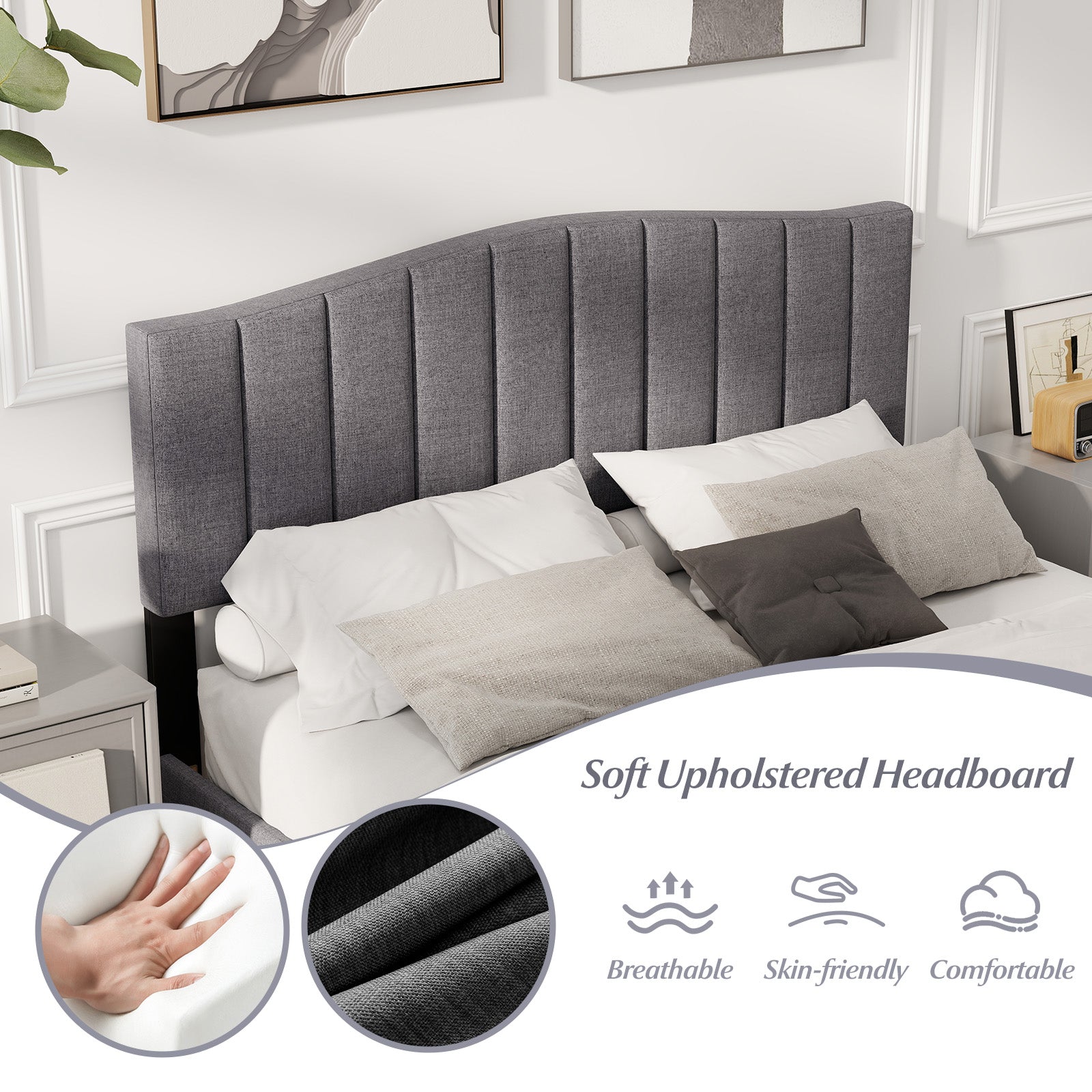 Armani Queen Upholstered Bed Frame with Adjustable Vertical Channel Tufted Headboard–Modern Platform Bed-Gray