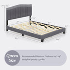 Armani Queen Upholstered Bed Frame with Adjustable Vertical Channel Tufted Headboard–Modern Platform Bed-Gray