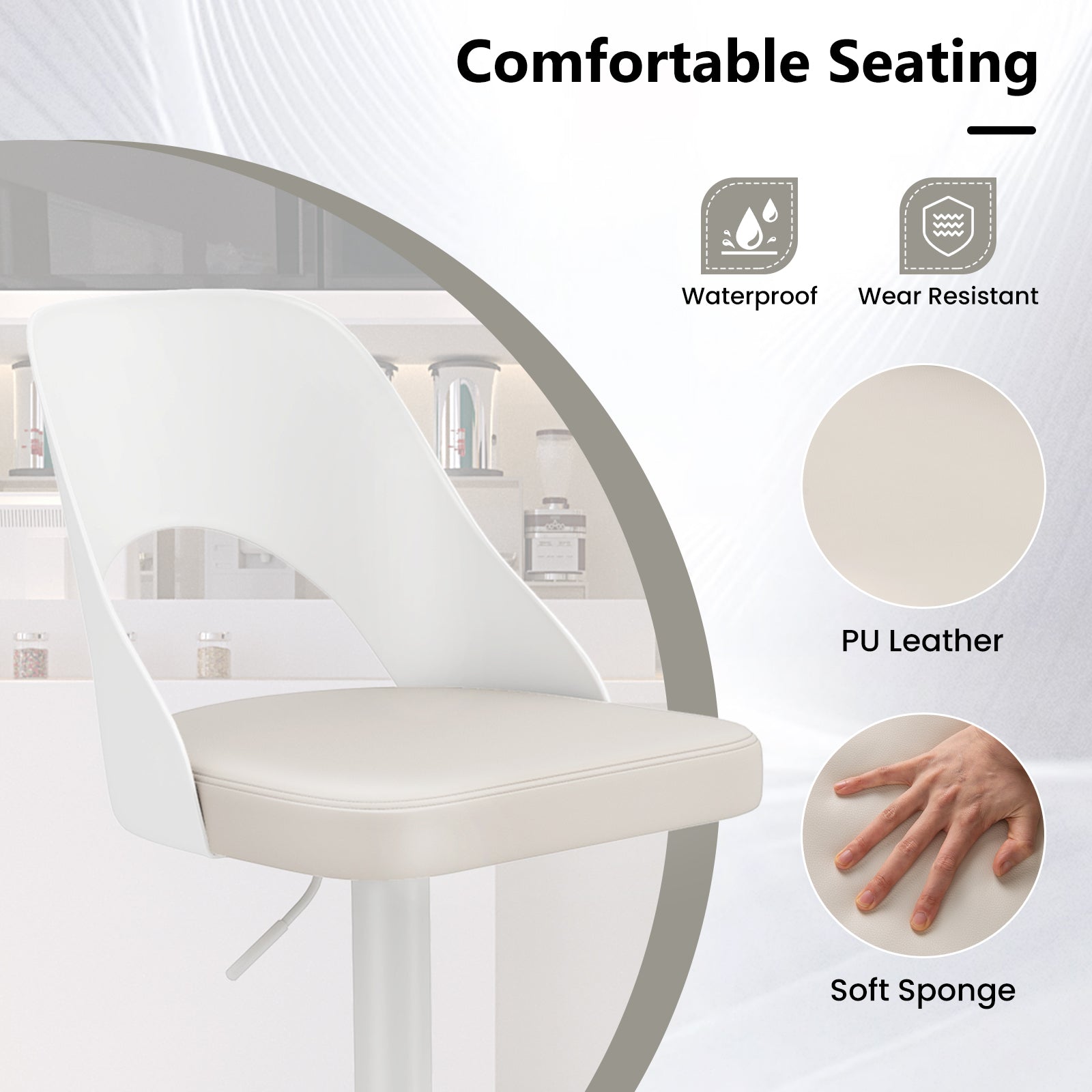 Mason Bar Stools – Set of 2 | Enlarged Vegan Leather Seat, Adjustable Height & 360° Swivel–White
