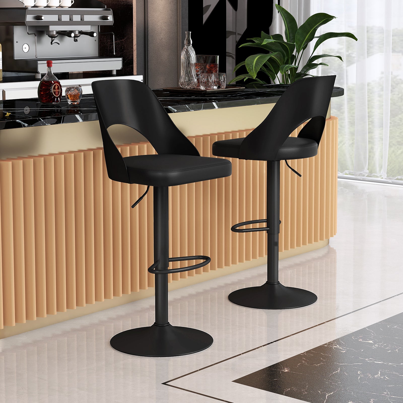 Mason Bar Stools – Set of 2 | Enlarged Vegan Leather Seat, Adjustable Height & 360° Swivel–Black