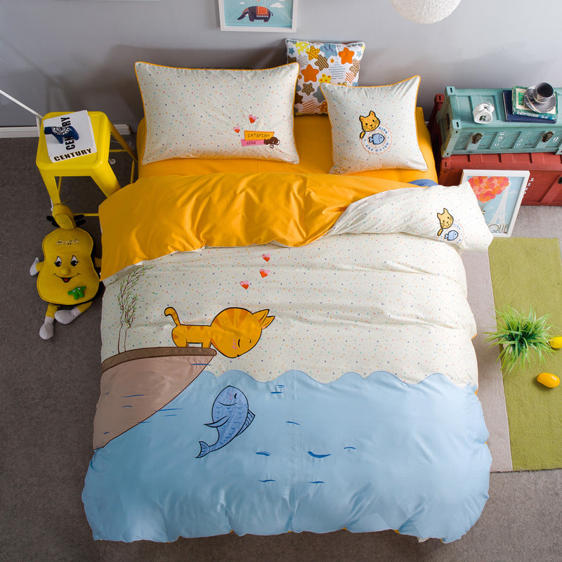 Four‑Piece Premium Children’s Cotton Bedding Set – Korean Cute Cartoon Style