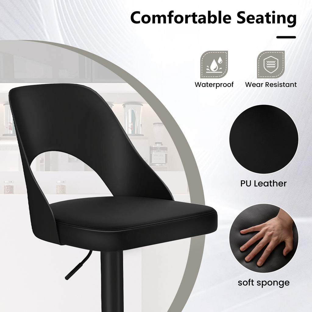 Mason Bar Stools – Set of 2 | Enlarged Vegan Leather Seat, Adjustable Height & 360° Swivel–Black