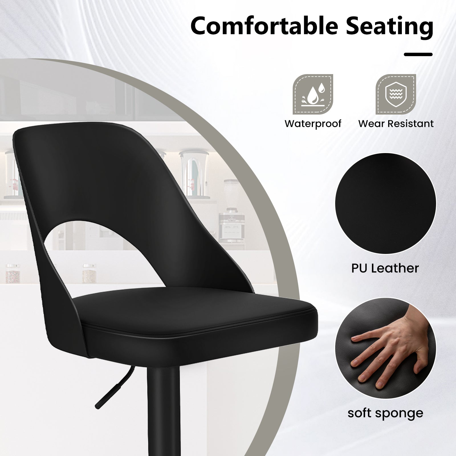 Mason Bar Stools – Set of 2 | Enlarged Vegan Leather Seat, Adjustable Height & 360° Swivel–Black
