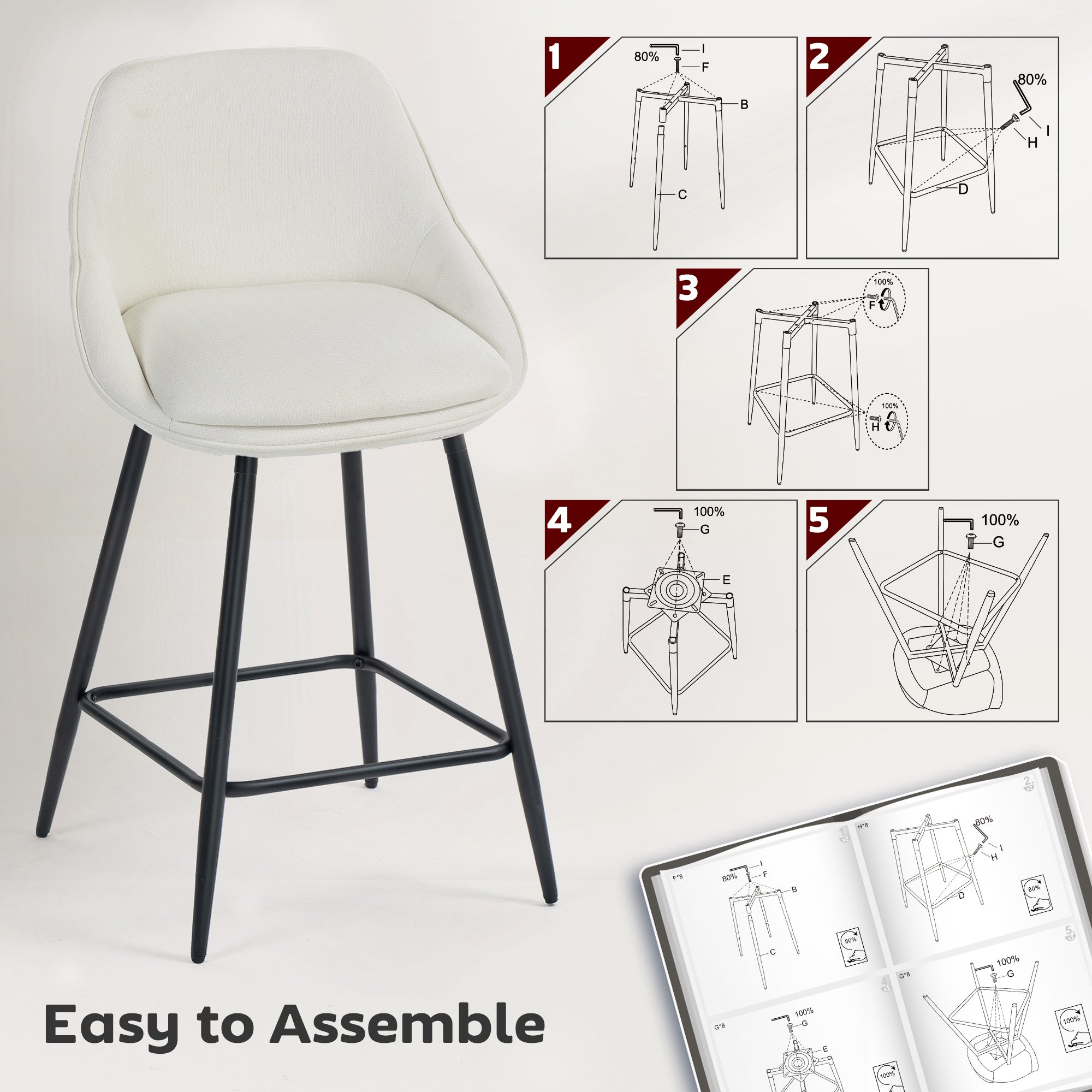 Reece 26" Counter Height Barstools Set of 2, Upholstered Swivel Bar Stools with Backrests and Armrests, Cream White