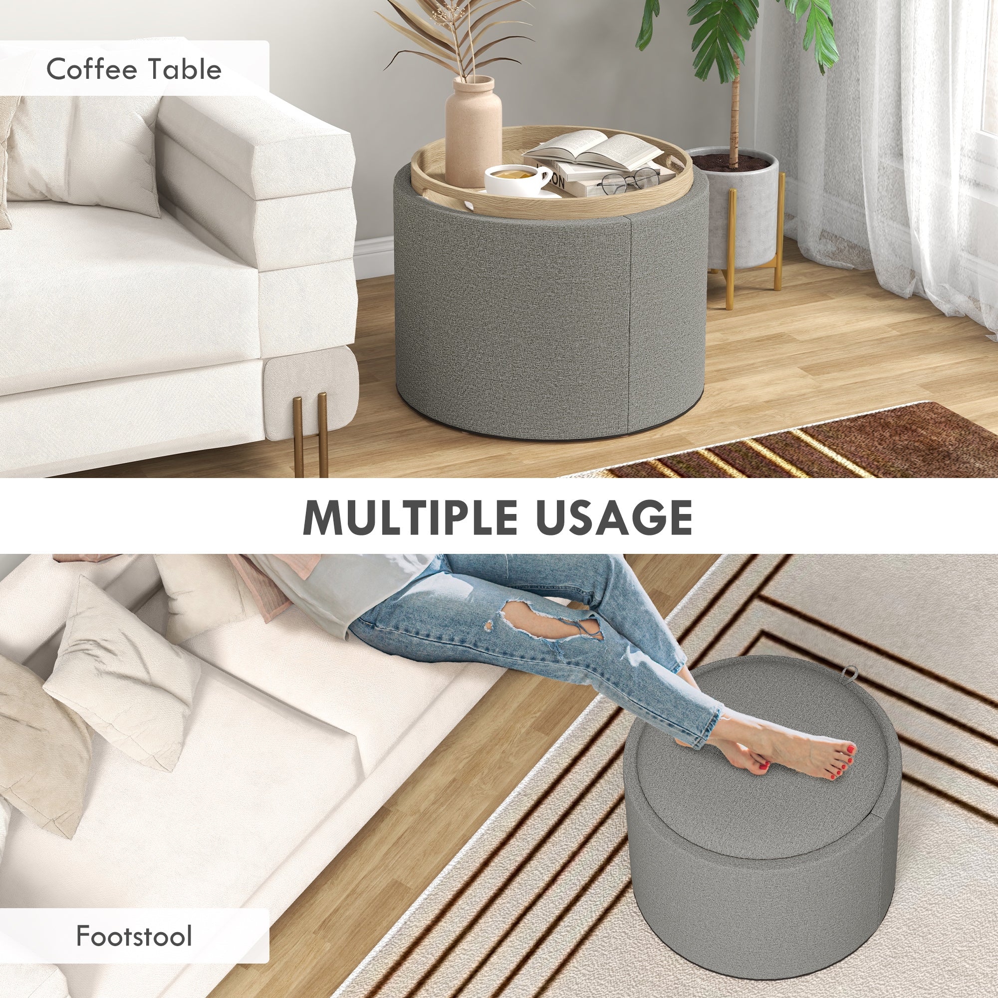 Ezra Round Coffee/End Table with Hidden Storage and Tray Top for Livingroom-Grey