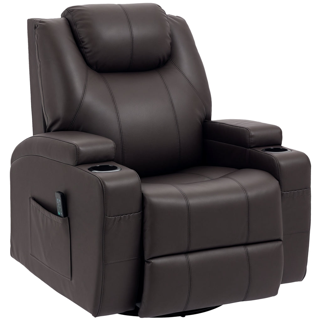 Brady Massage Recliner Chair, Swivel Nursery Rocker Chair, Manual Reclining Sofa with 8 Vibration Points, PU Leather, Cup Holders, Side Pockets, for Living Room, Brown