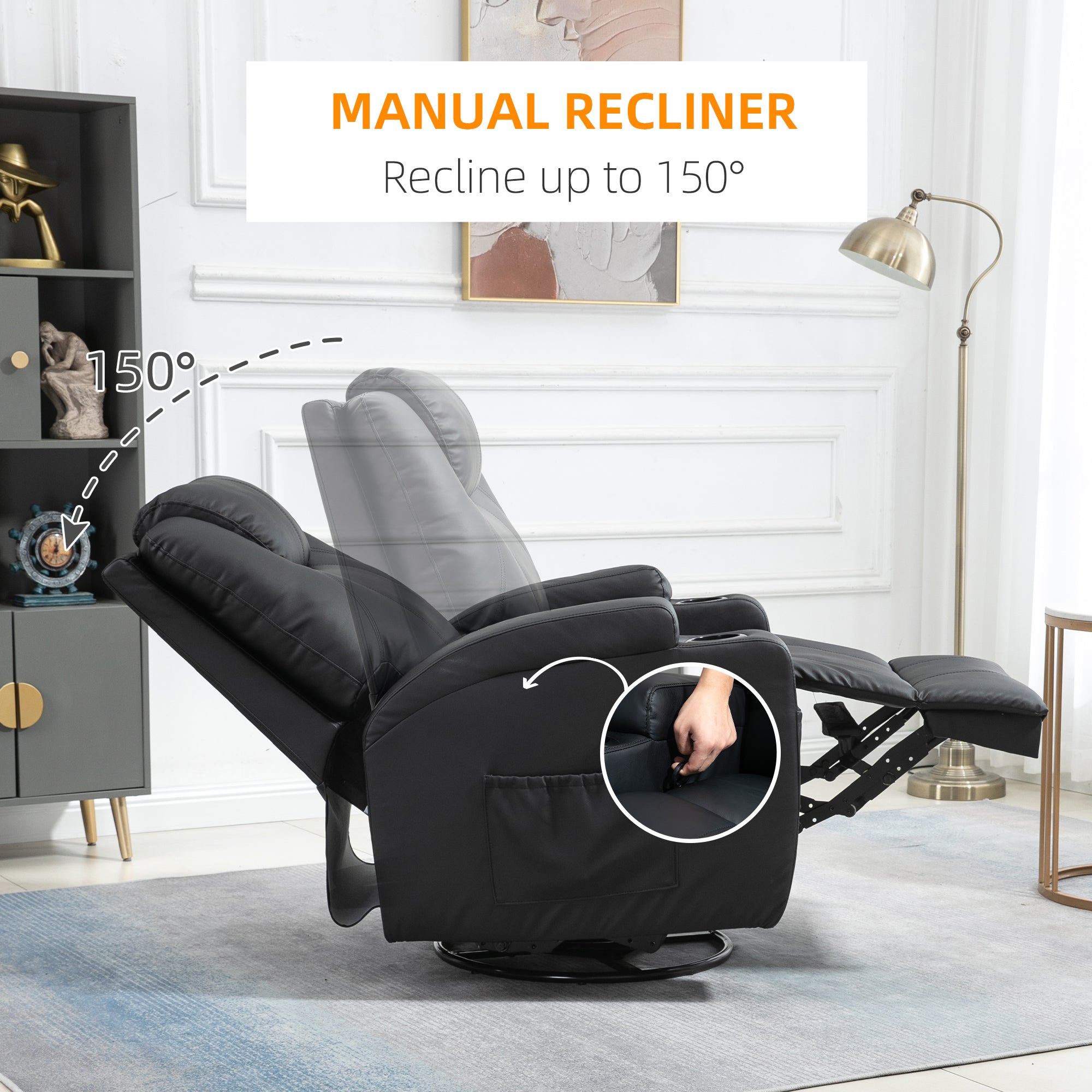 Brady Massage Recliner Chair, Swivel Nursery Rocker Chair, Manual Reclining Sofa with 8 Vibration Points, PU Leather, Cup Holders, Side Pockets, for Living Room, Black