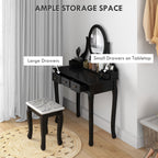 Emma Vanity Desk with Stool, Makeup Vanity with 360° Rotating Oval Mirror, 5 Drawers and Padded Seat, Dressing Table for Bedroom, Black