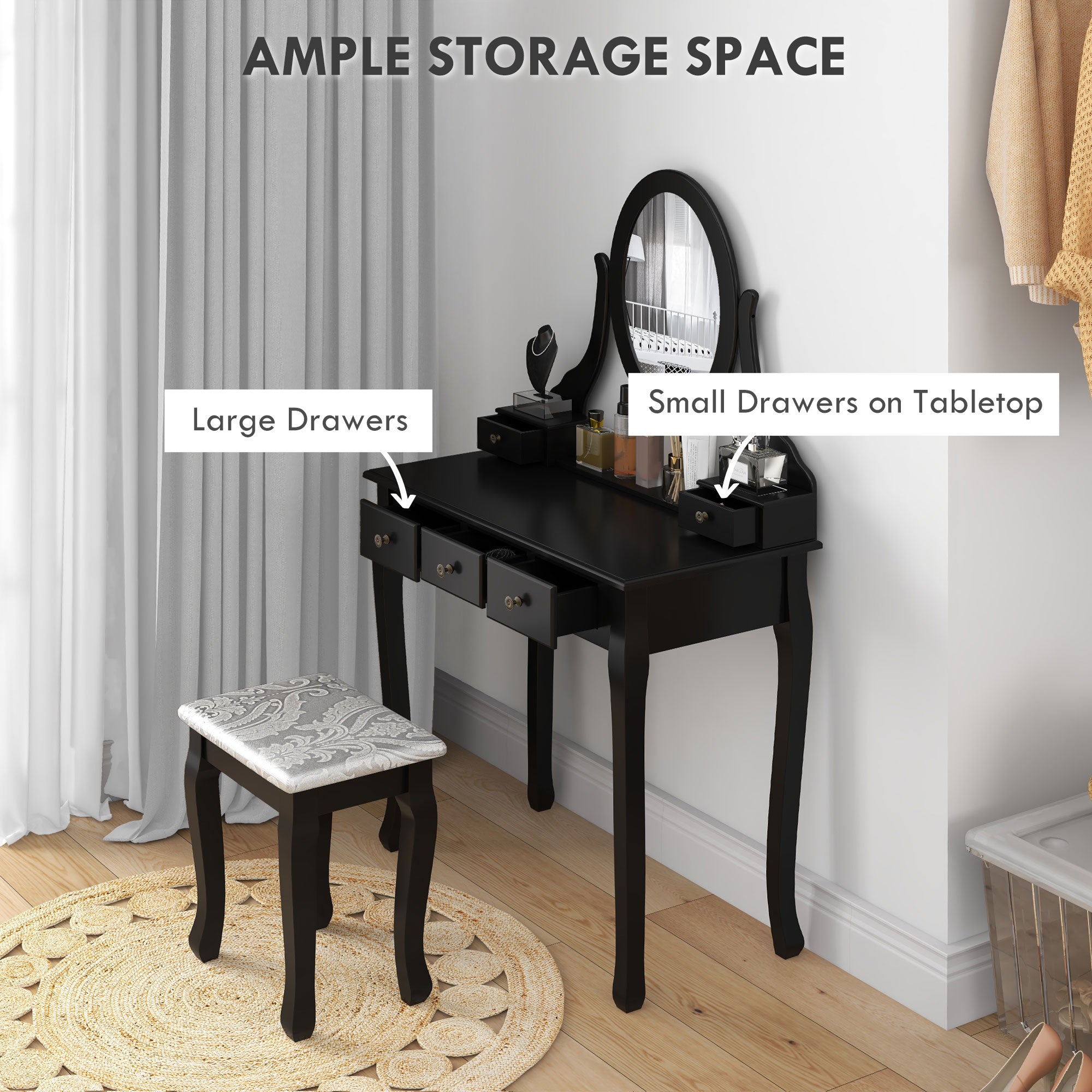 Emma Vanity Desk with Stool, Makeup Vanity with 360° Rotating Oval Mirror, 5 Drawers and Padded Seat, Dressing Table for Bedroom, Black