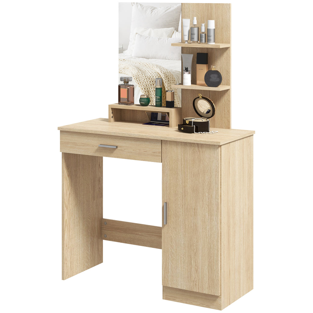 Evelyn Vanity Desk with Mirror, Makeup Vanity w/ Drawer, Open Compartment and Shelves, Cabinet, Adjustable Shelves for Bedroom-Natural Wood