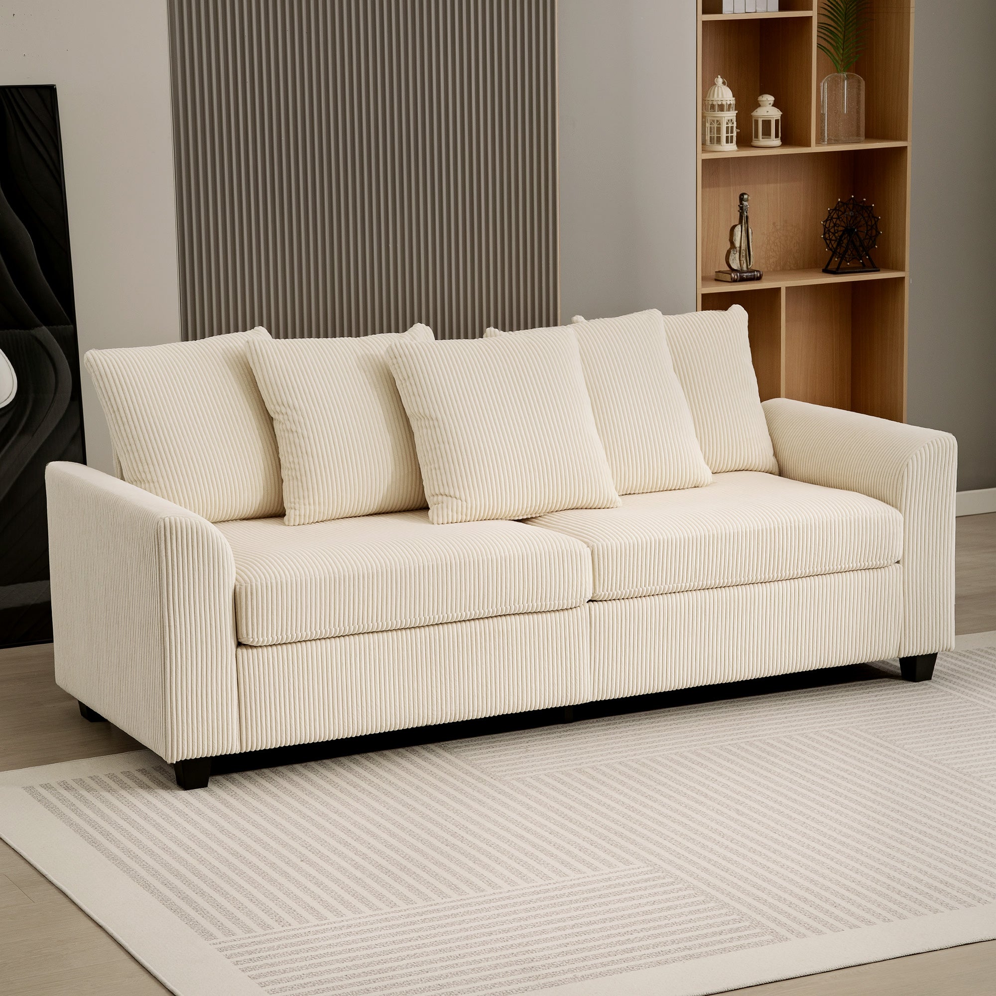 Ramsey Modern Corduroy 3 Seater Sofa with 8 Removable Pillows-Beige