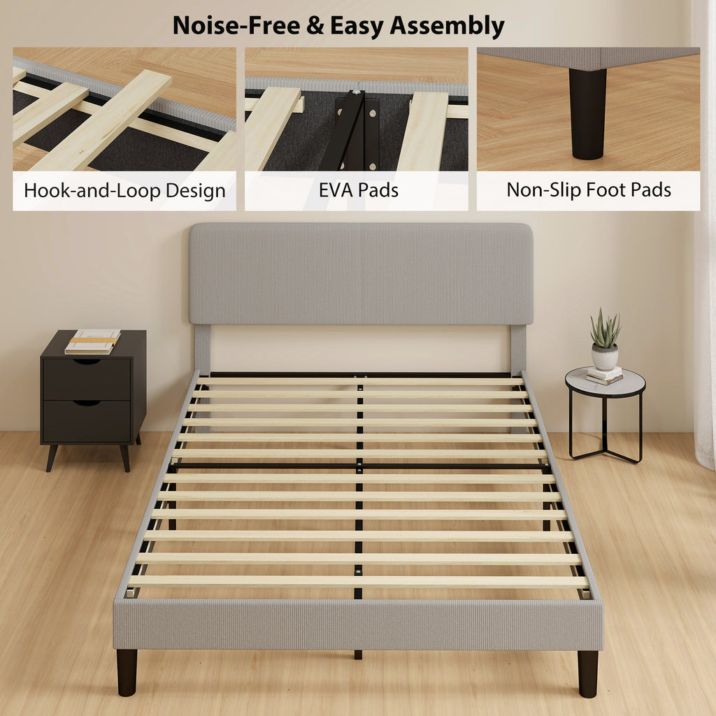 Riley Queen Size Bed Frame with Adjustable Upholstered Headboard Platform Bed Frame Wood Slat Support Noise Free Light Grey