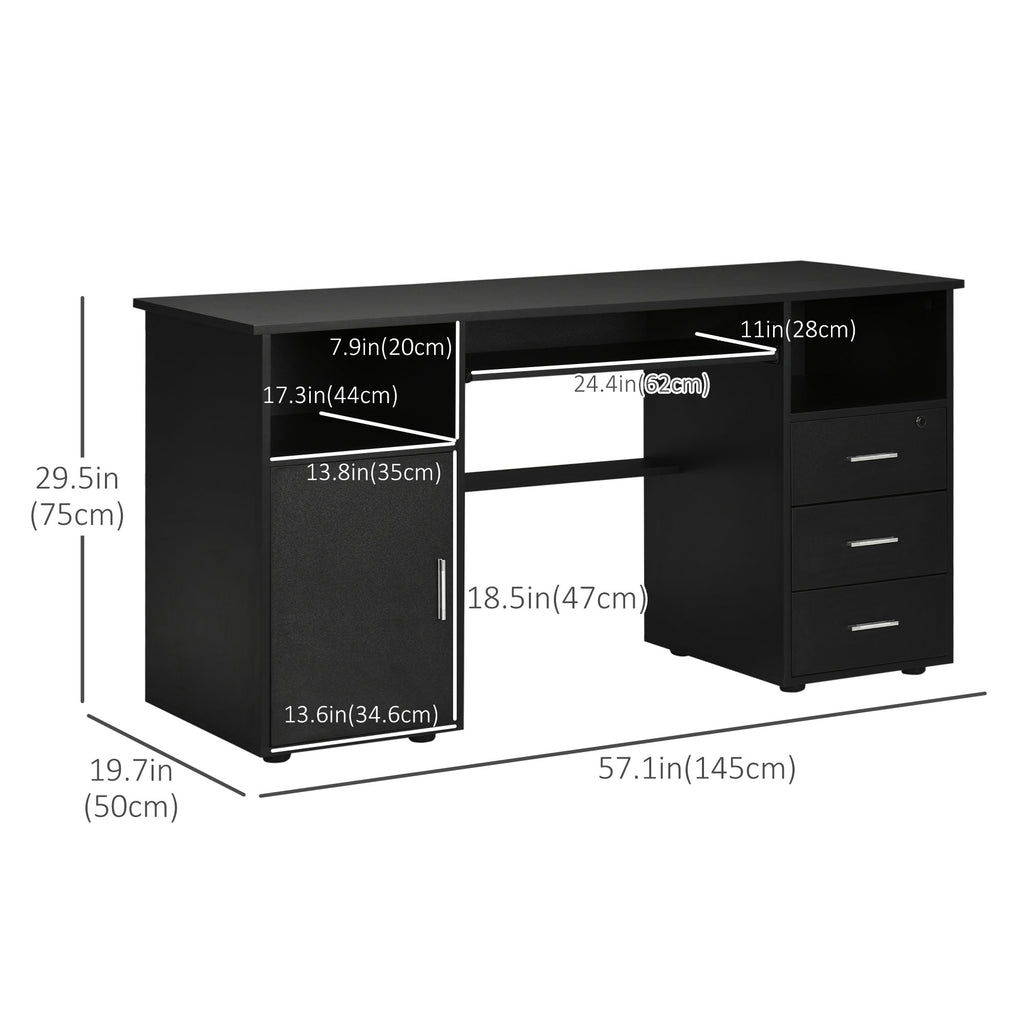 Bloom 57" Computer Desk with Drawers, Home Office Desk with Keyboard Tray, Open Shelves and Lockable Drawer-Black