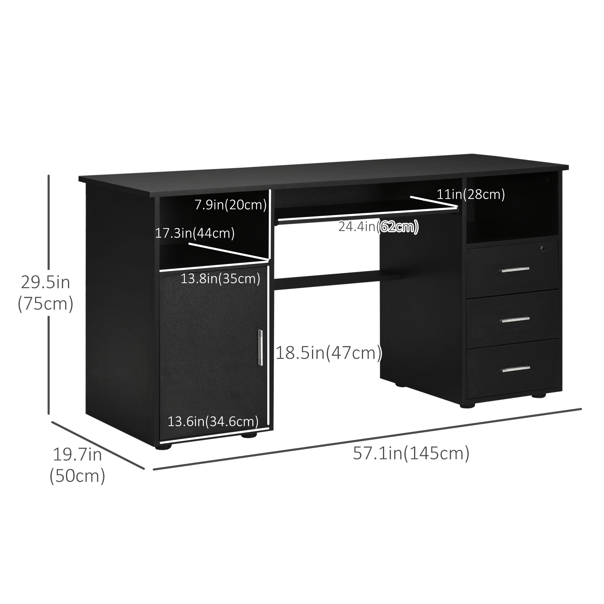 Bloom 57" Computer Desk with Drawers, Home Office Desk with Keyboard Tray, Open Shelves and Lockable Drawer-Black