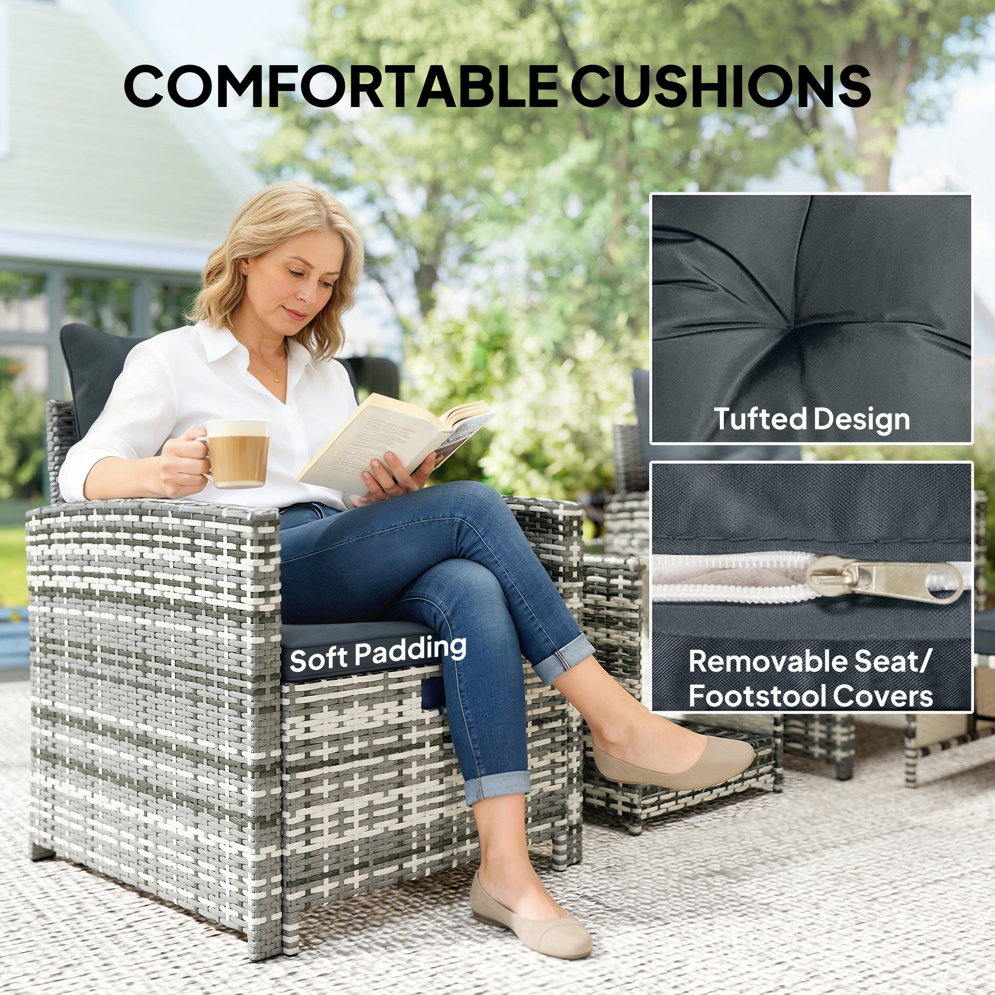 Athena 5 Piece Patio Furniture Set with Ottomans and Glass Table-Dark Grey