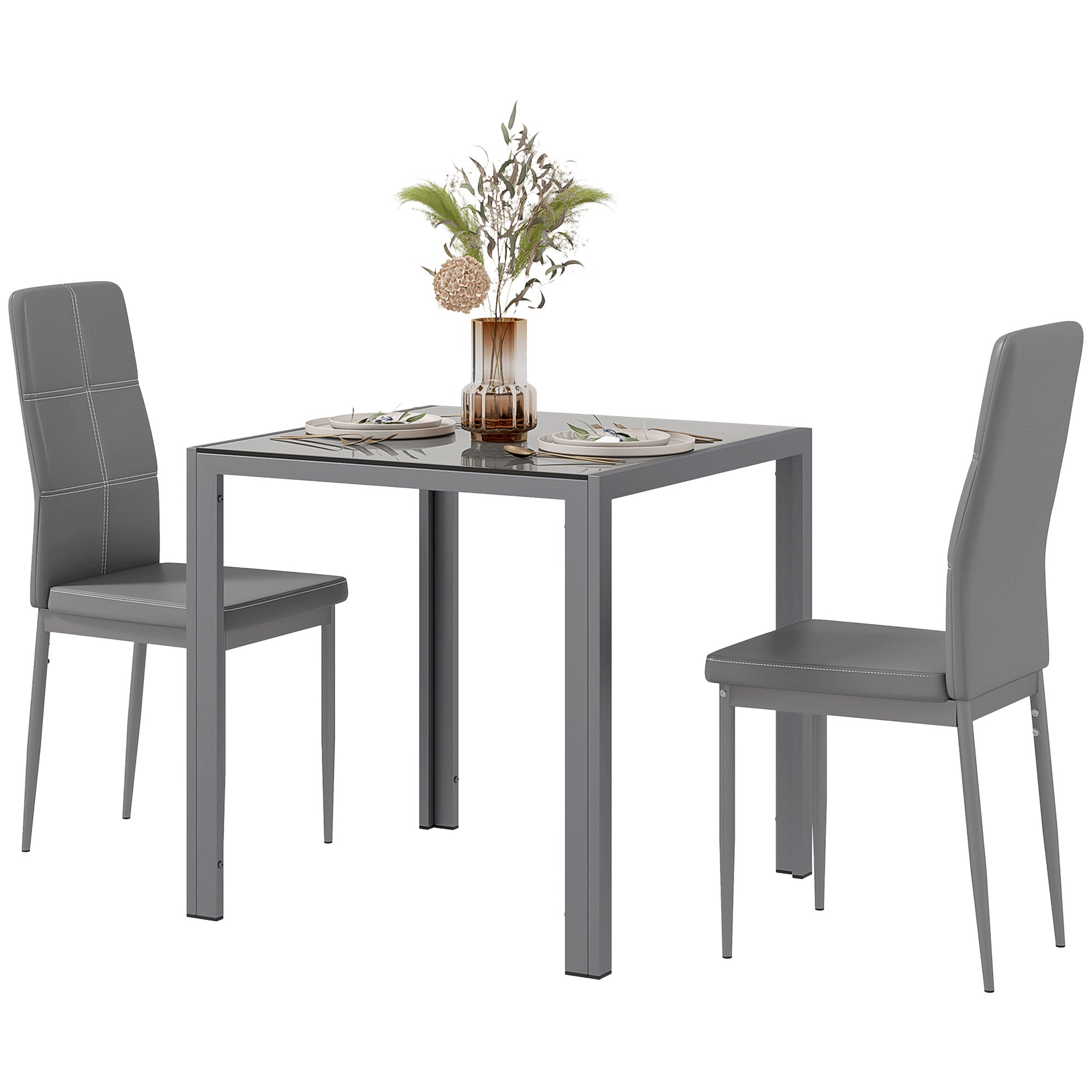 Zaya 3-Piece Rectangular Glass Kitchen Table and Chairs with Metal Frame and Faux Leather Upholstery for Dining Room, Grey