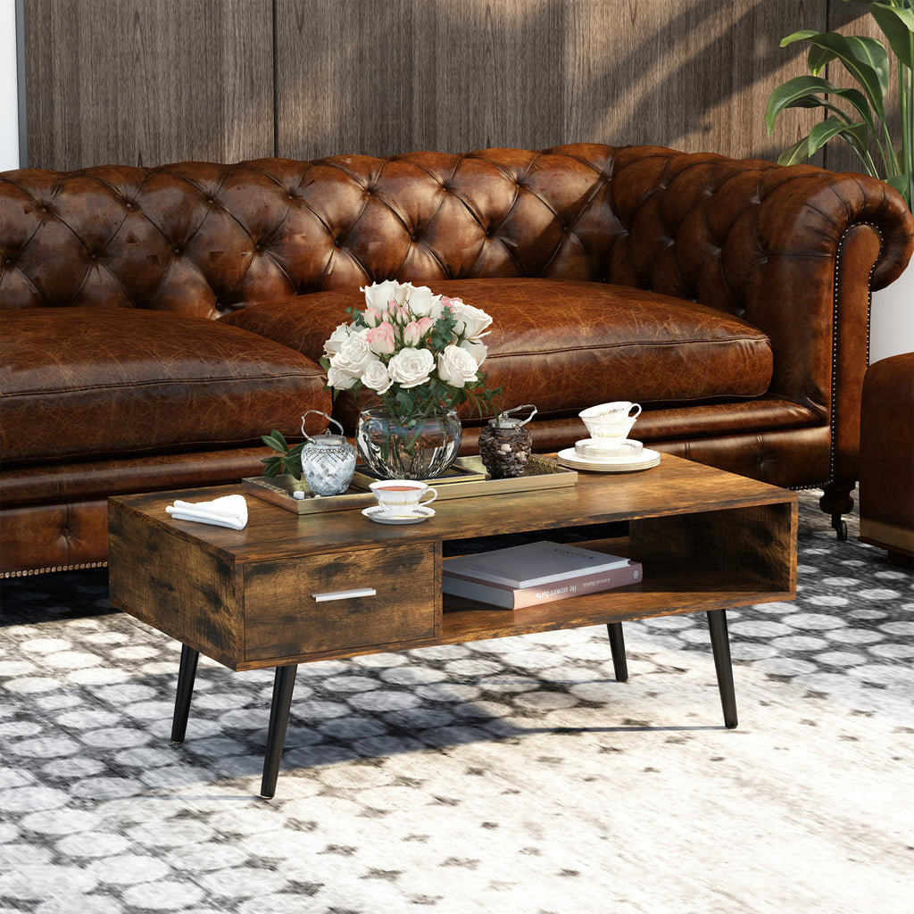 Omari Retro Coffee Table with Storage Shelf and Drawer for Living Room, Vintage Wooden Sofa Side Table, Rustic Brown