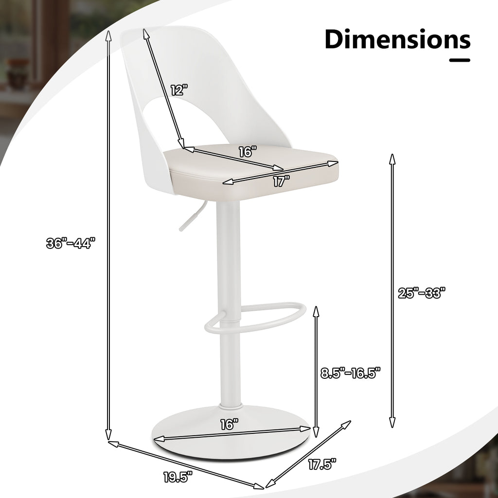 Mason Bar Stools – Set of 2 | Enlarged Vegan Leather Seat, Adjustable Height & 360° Swivel–White