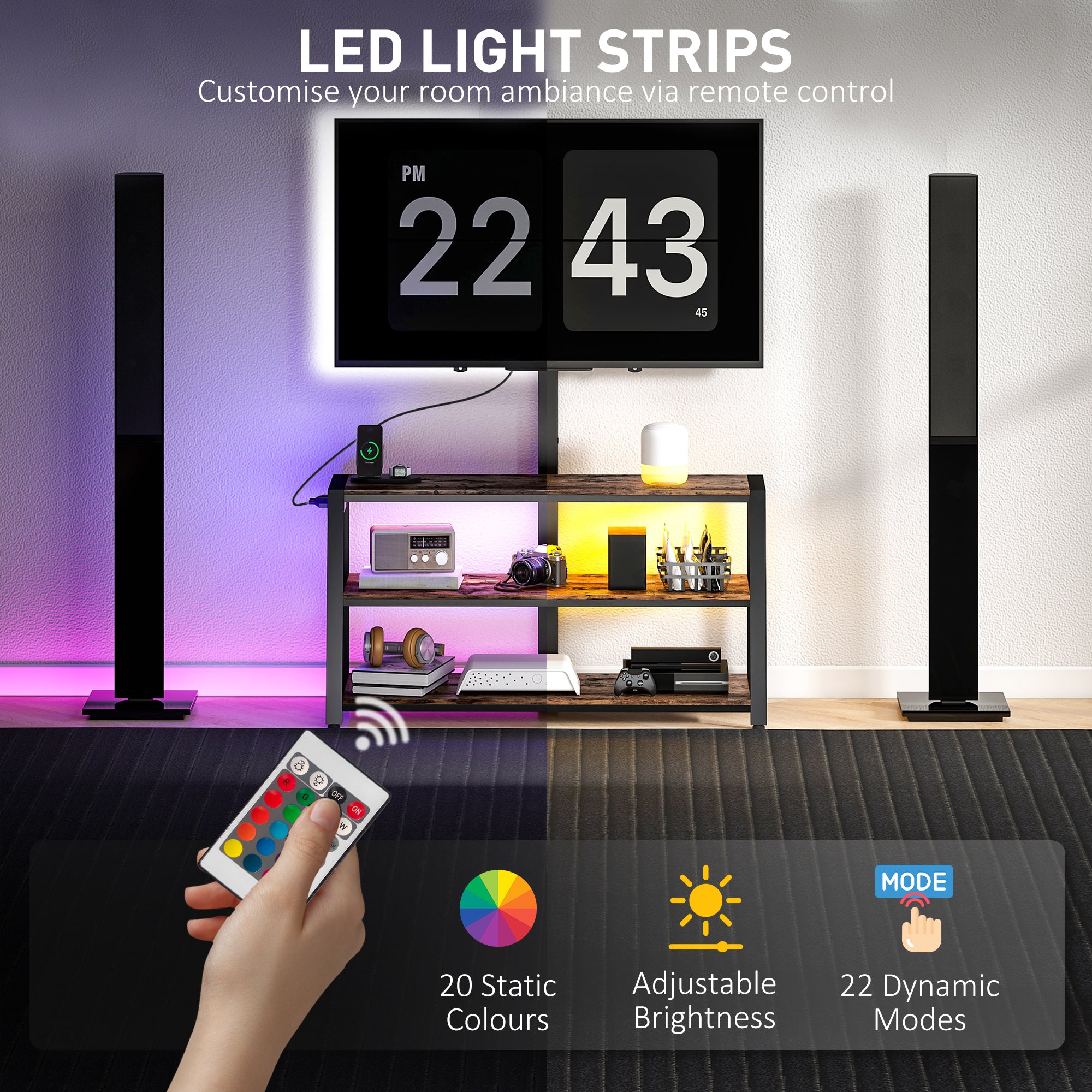 Bay TV Stand with Mount and Power Outlet, Swivel TV Stand Mount with LED Lights for 32-70 Inch TVs for Living Room, Bedroom