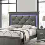 Dark Gray Faux Leather Tufted Queen Bed with LED — Modern Luxury for Your Bedroom