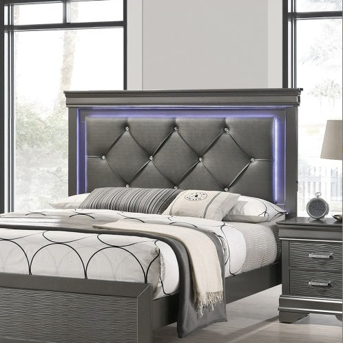 Dark Gray Faux Leather Tufted Queen Bed with LED — Modern Luxury for Your Bedroom
