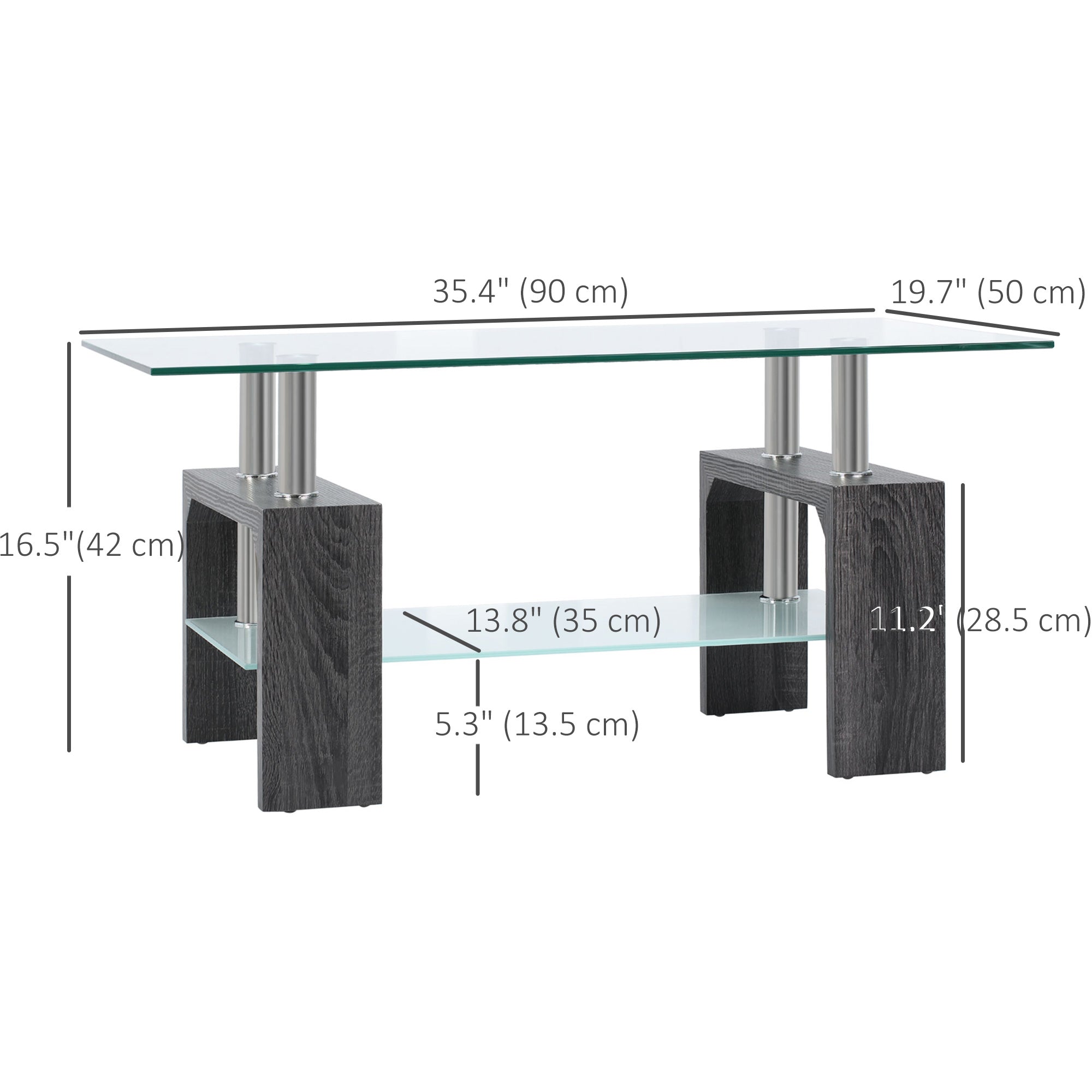 Sutton Rectangle Glass Coffee Table, 2-Tier Center Table with Tempered Glass Top and Storage Shelf for Living Room, Grey