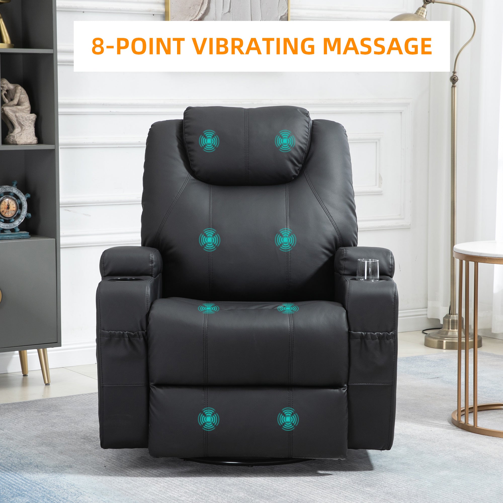 Brady Massage Recliner Chair, Swivel Nursery Rocker Chair, Manual Reclining Sofa with 8 Vibration Points, PU Leather, Cup Holders, Side Pockets, for Living Room, Black