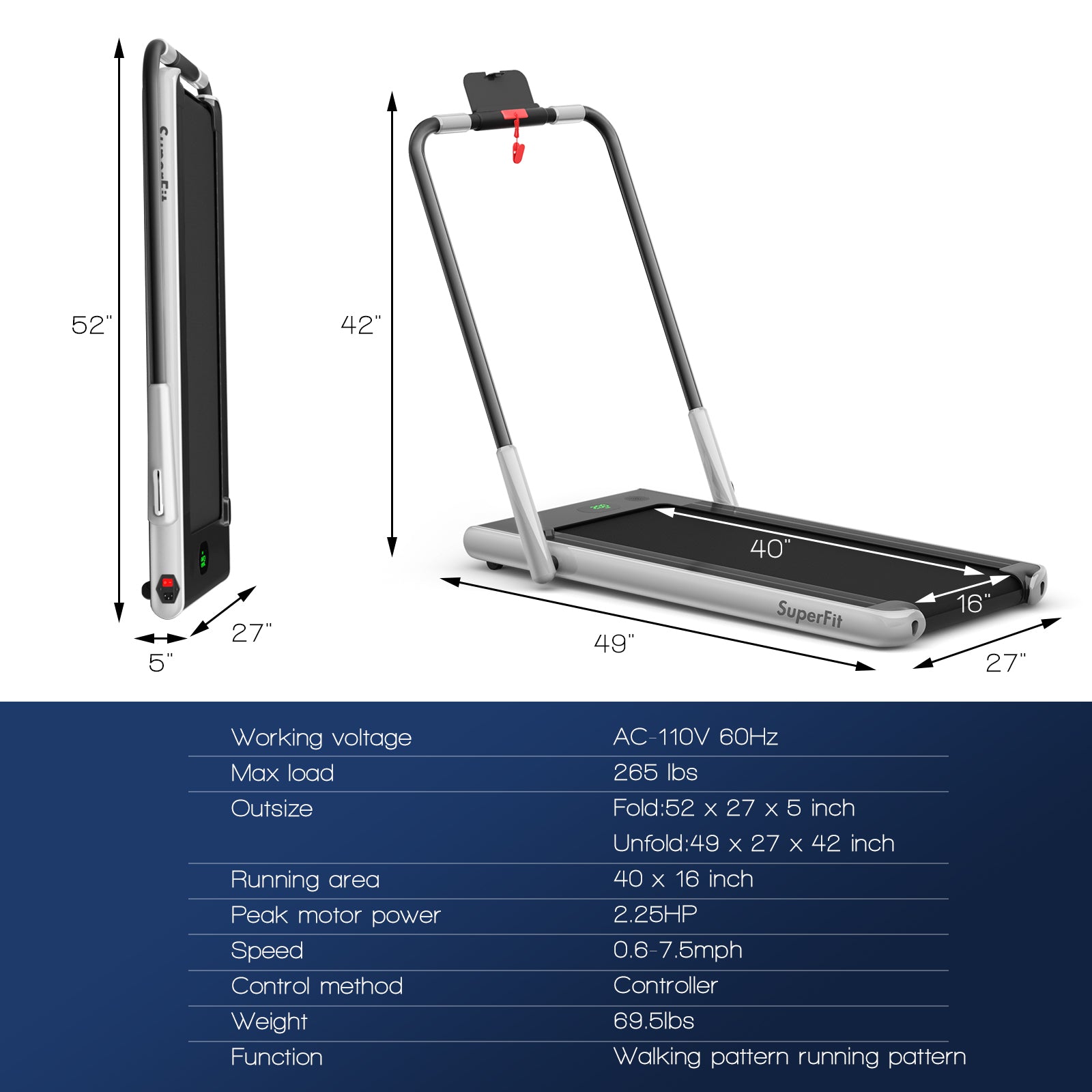 2.25HP 2-in-1 Folding Treadmill with Remote Control & LED Display-Silver