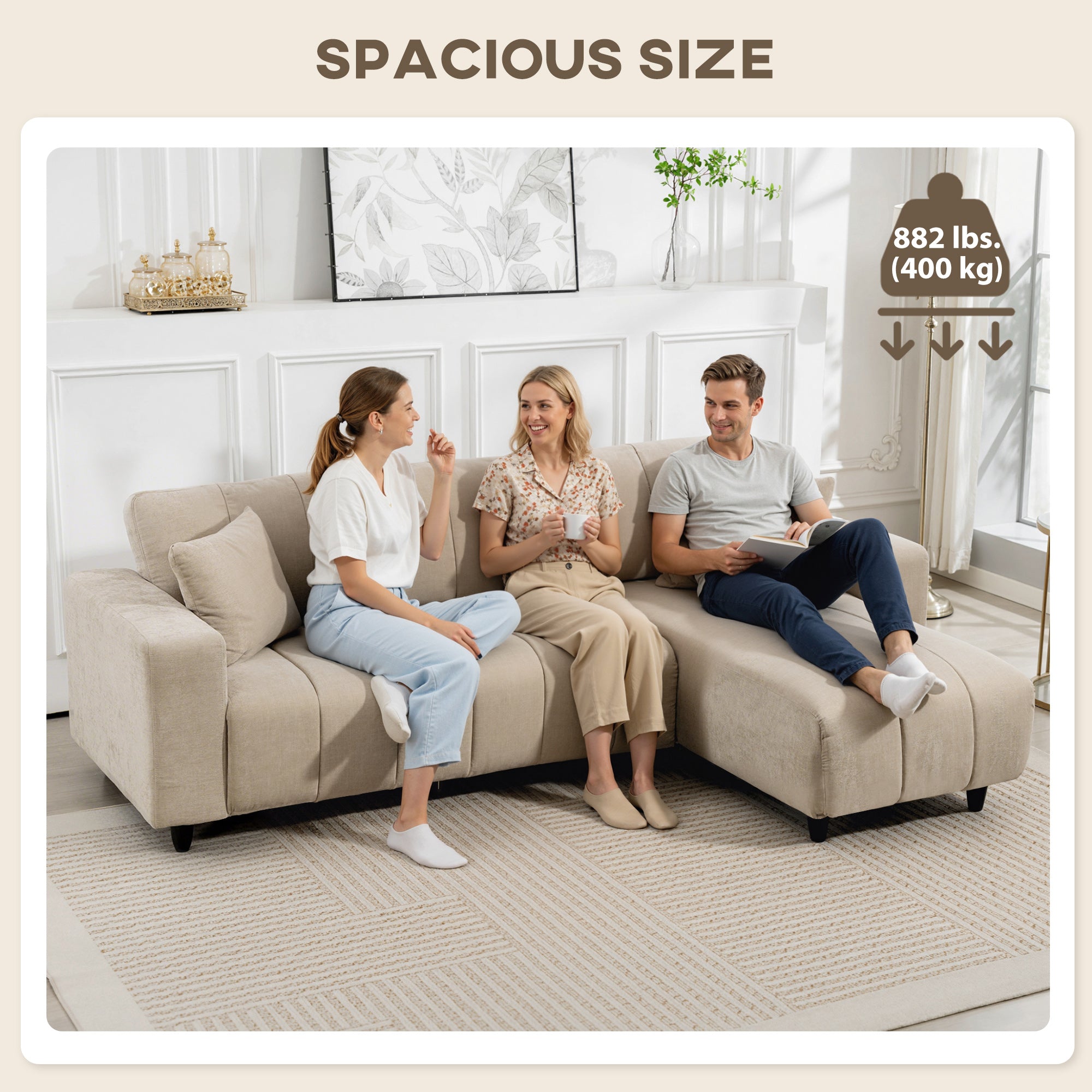 WILSHERE Reversible Sectional with Integrated Seat, 3 Seater L-Shaped Sofa with Changeable Chaise, Spring Cushion, 2 Pillows, Beige