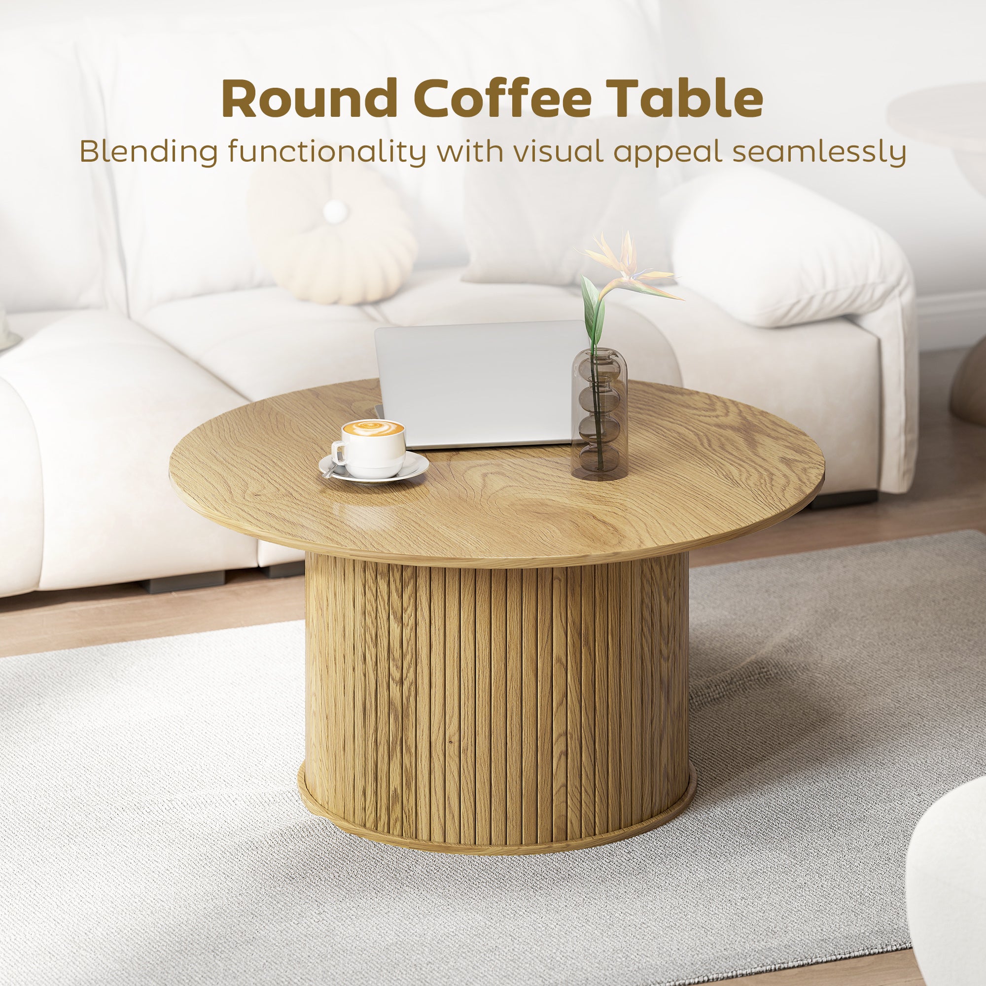 Cedar 31.5" Round Coffee Table, Nordic Style