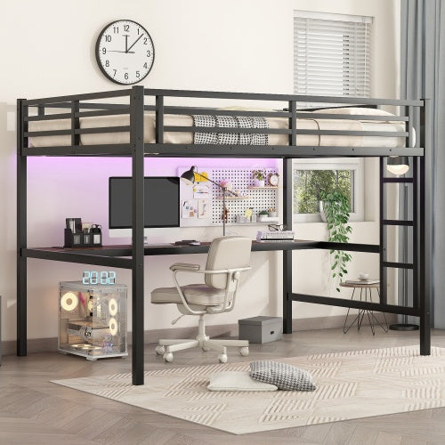 Full Size Metal Loft Bed with Desk & Ambient Light