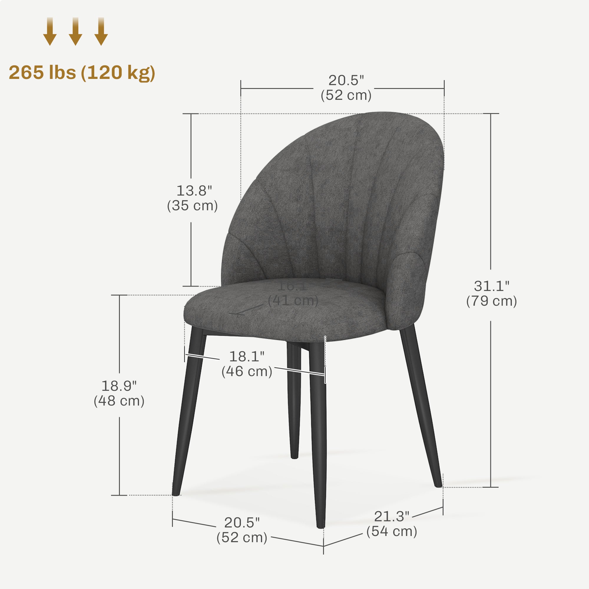 Skylar Modern Dining Chairs Set of 4, Upholstered Dining Room Chairs with Metal Legs, Shell Backrest, Padded Seat, Dark Grey