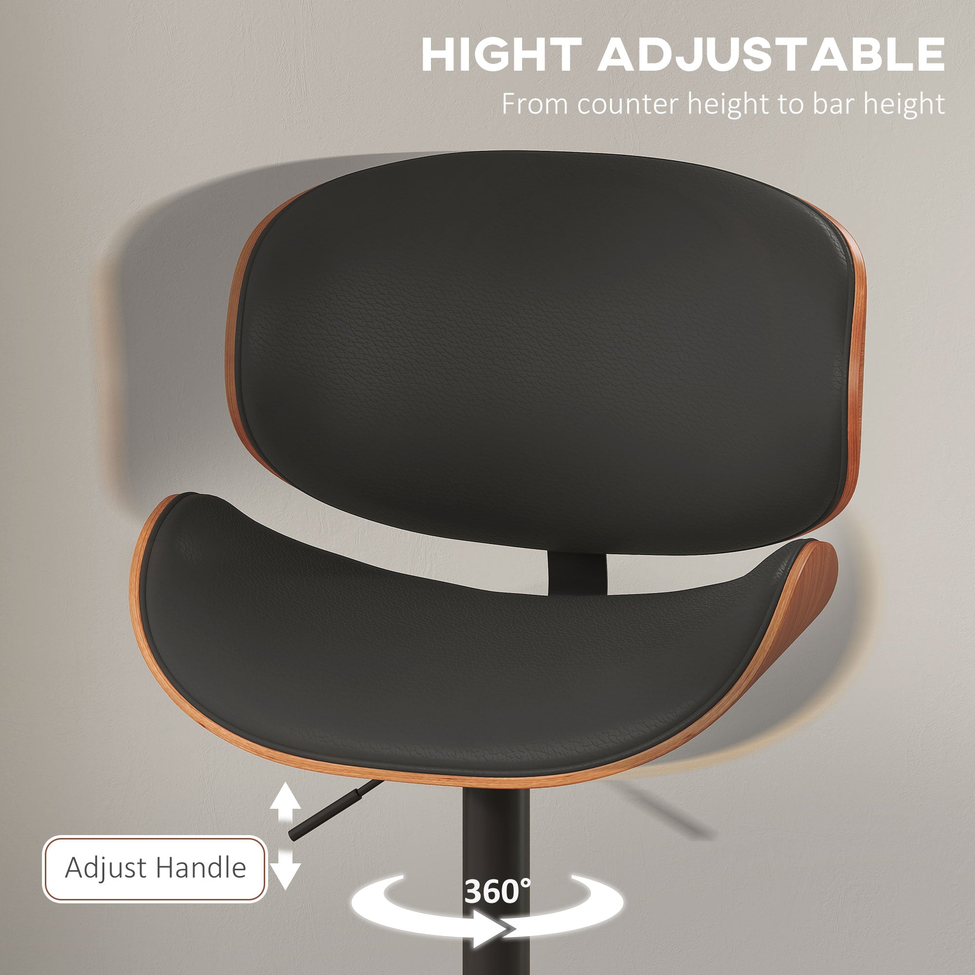 Alpine Adjustable Stools Set of 2, Modern PU Leather Adjustable Swivel Counter/Barstools with Curved Back, Footrest and Steel Base, Black