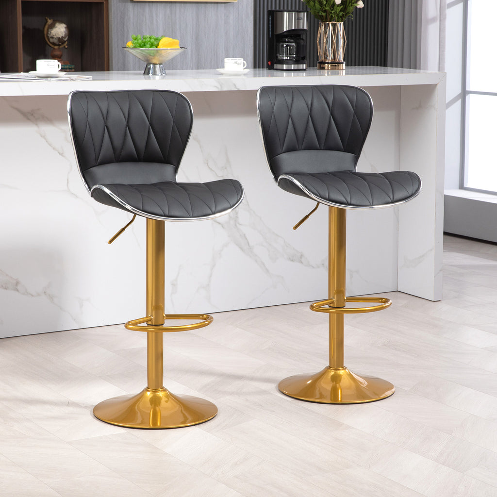 Maxi Counter Height Bar Stools Set of 2, Adjustable Height Bar Chairs with Swivel Seat, Leather Upholstery-Black/Gold