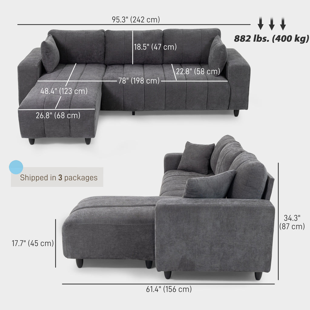Wilshere Reversible Sectional with Integrated Seat, 3 Seater L-Shaped Sofa with Changeable Chaise, Spring Cushion, 2 Pillows, Grey
