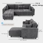 Wilshere Reversible Sectional with Integrated Seat, 3 Seater L-Shaped Sofa with Changeable Chaise, Spring Cushion, 2 Pillows, Grey