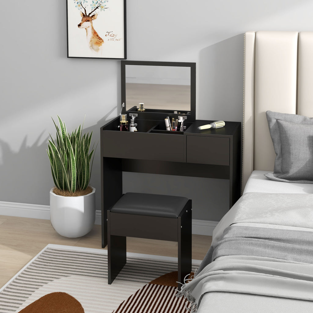 Mia Modern Vanity Set with Flip Top Mirror and Cushioned Stool, Dressing Table with Storage Drawer for Bedroom, Black
